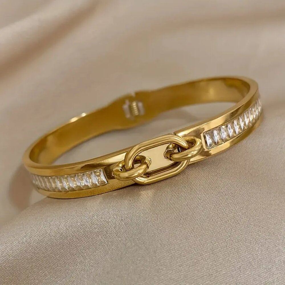 NEW! STAINLESS STEEL Chain & Stones BANGLE BRACELET